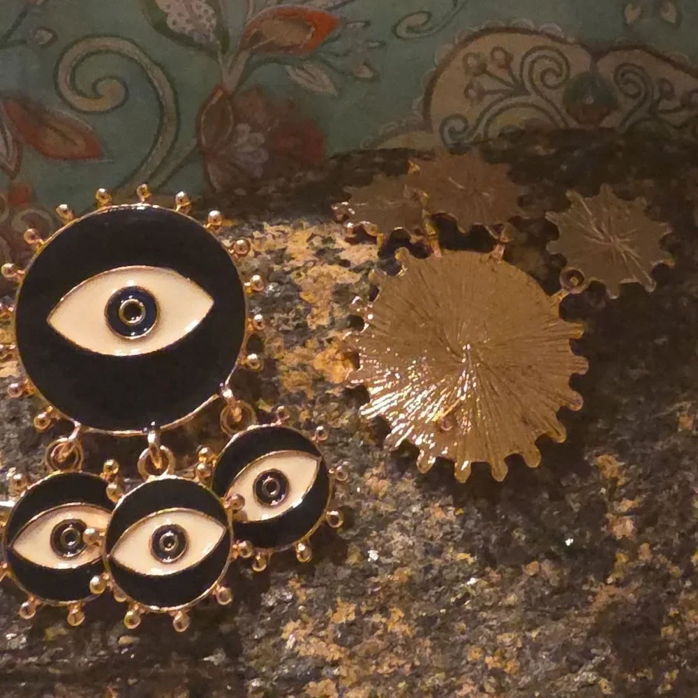 Mati Nazar Black Gold Evil Eye Statement Earrings { NWOT